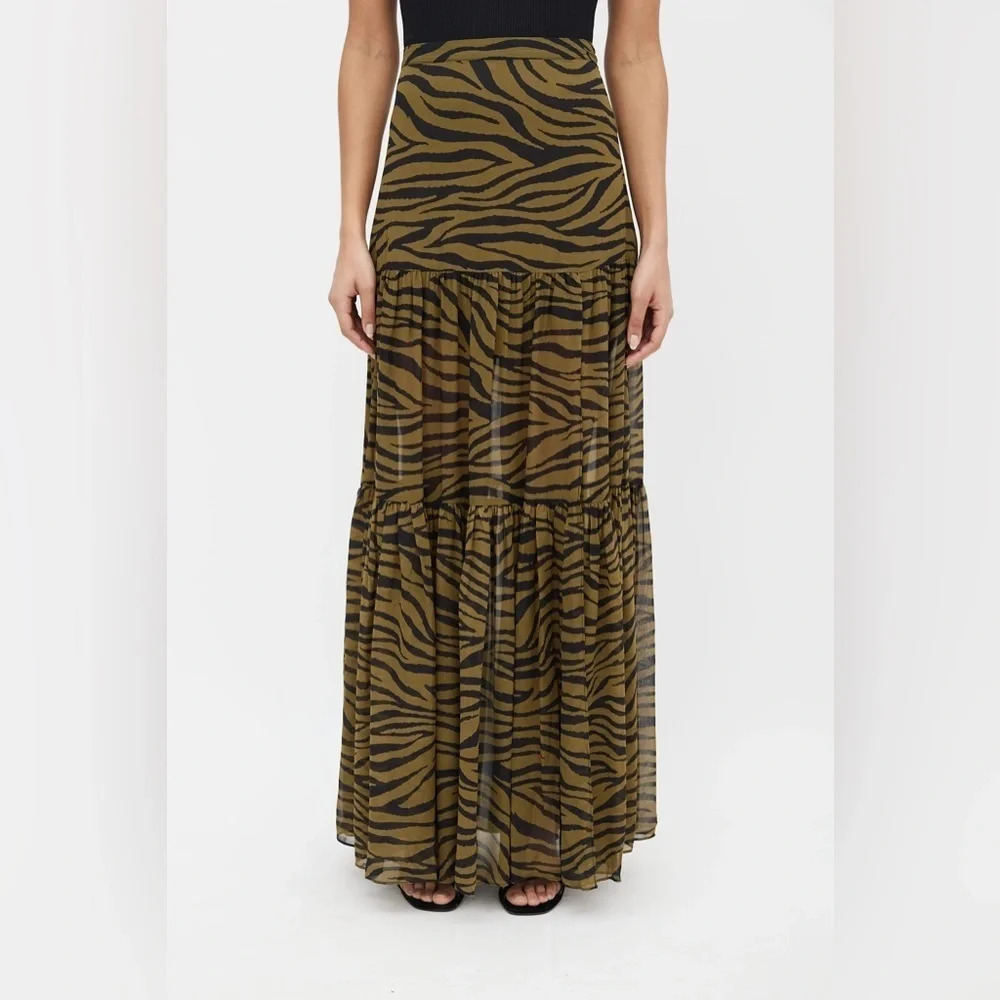 Veronica Beard Olive Green Serence Zebra Silk Maxi Thigh High Slit Skirt - Picture 5 of 12